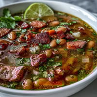 Hearty ham and pinto bean soup with tender chunks of ham, creamy beans, and vibrant vegetables in a savory broth.  