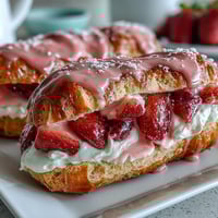 Beautiful Valentine's Day strawberry éclairs with pink glaze, filled with fresh strawberry cream and perfect for a romantic dessert.