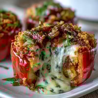 Funeral potatoes stuffed bell peppers with creamy cheese filling and crunchy cornflake topping.  