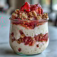 Strawberry cheesecake overnight oats with graham cracker topping in a glass jar, creamy oats layered with fresh strawberries and crunchy graham cracker crumbs.