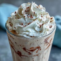 A creamy vanilla bean frappuccino protein shake with Greek yogurt and vanilla extract, topped with light whipped cream.  