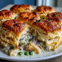 Creamy Chicken Pot Pie with Biscuit Topping: golden, flaky biscuits baked atop a rich, savory filling of chicken and vegetables.