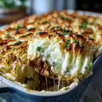 Golden-baked Turkey Shepherds Pie with creamy cauliflower-potato mash and savory ground turkey filling.