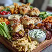 Festive BBQ baby shower snack board with sliders, chips, and fresh veggies, perfect for a casual gathering.