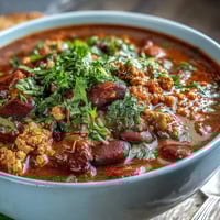 Healthy Easy One-Pot Turkey Chili with Beans served in a white bowl, topped with shredded cheese and fresh cilantro, with a side of warm cornbread on a wooden table.