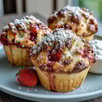 Strawberry muffins with Greek yogurt and oats, fresh and golden, baked to perfection with juicy berry chunks.  