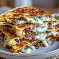 Golden-brown quesadilla filled with savory shepherds pie filling and creamy mashed potatoes, oozing melted cheddar cheese.