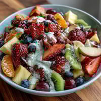 Spring Fruit Table Platter with Dipping Yogurt Sauce showcases a colorful arrangement of fresh berries, citrus, and tropical fruit paired with creamy honey-yogurt dip.
