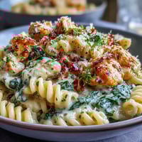 Creamy lemon orzo with chicken and spinach in a skillet, garnished with parsley and Parmesan.