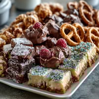 A colorful Grad Party Dessert Board with cake slices, cookies, and brownie bites, perfect for celebrating with friends.