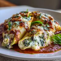 Golden brown Pesto Chicken Stuffed Shells Lite bubbling with melted mozzarella in a ceramic baking dish, ready to serve.