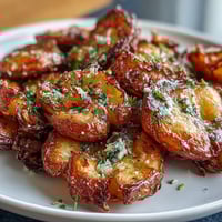 Crispy smashed potatoes with golden edges, served with fresh herbs for a flavorful side dish.  