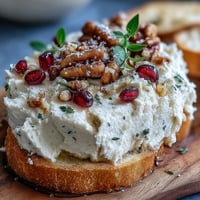 Whipped butter board with fresh herbs and pomegranate seeds, served with toasted baguette slices for easy dipping.