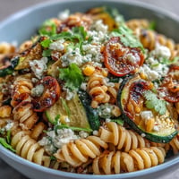 Vibrant pasta salad with grilled zucchini, sweet corn, and salty Cotija cheese.