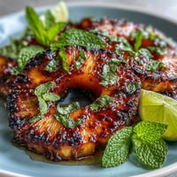 Juicy grilled pineapple rings glistening with melted yuzu kosho butter, ready to serve.
